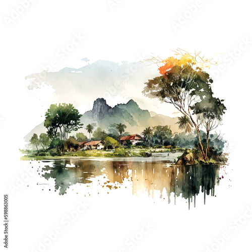 Beautiful landscape Vietnam watercolor sketch illustration on white backdrop. Summer vacation illustration. Asian agriculture. Sketch drawing.