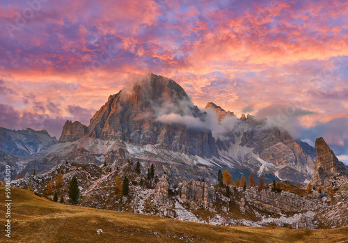 Alpine red autumn morning, Passo Falzarego, Cinque Torri, Tofana, Cortina d'Ampezzo, Belluno, Trento-Alto Adige, Dolomites, Italy