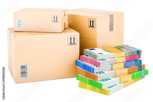 Shipping and logistics concept. Three parcels with money, euro packs. 3D rendering