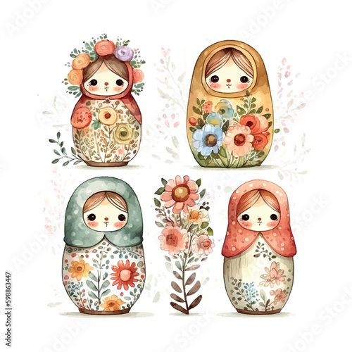 watercolor vector Russia matryoshka set doll flowers Russian Day