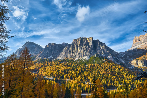Autumn scene in Dolomites mountain. Tofana, Cinque Torri -Dolomites.