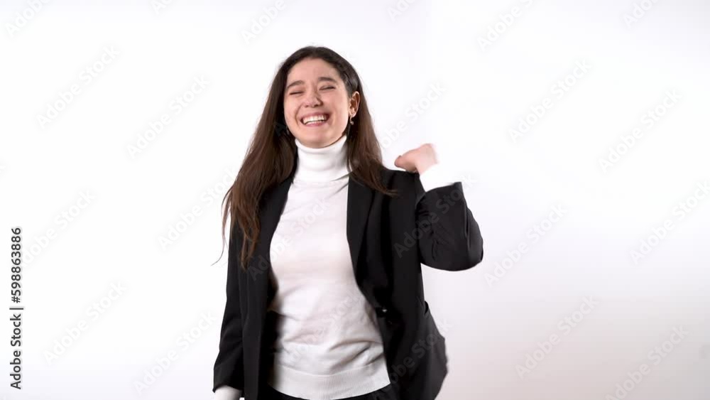 Smartly dressed happy looking young woman with dark hair going through a range of positive emotions while using highly expressive body language Generative AI Smartly dressed happy looking young woman with dark hair going through a range of positive emotions while using highly expressive body language Generative AI
