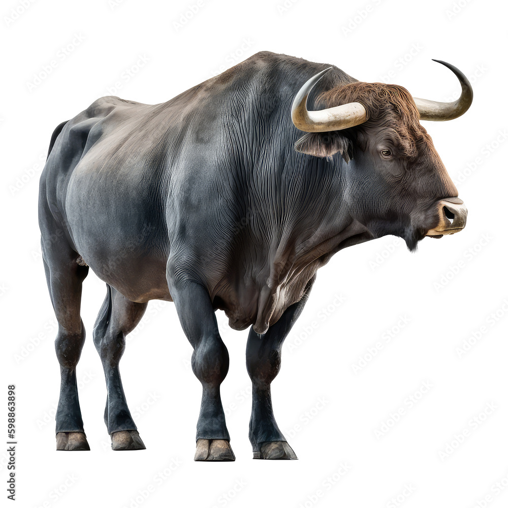 Bull isolated on white, transparent background and looks strong and