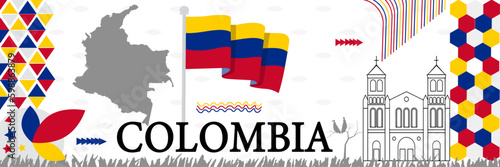Colombia Flag with map and Colombia National or Independence Day banner design. an abstract dynamic retro red blue yellow style for a Colombian theme. Bogota Vector Illustration.