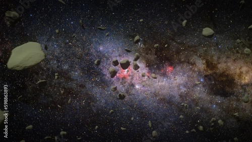 A cinematic fly through 3d animation of an asteroid field in space.