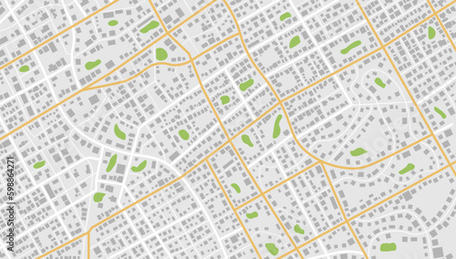 Plan with road and buildings. Abstract city maps, background. Top view, view from above. Fictional district plan. Quarter residential buildings. Vector, illustration isolated on white.