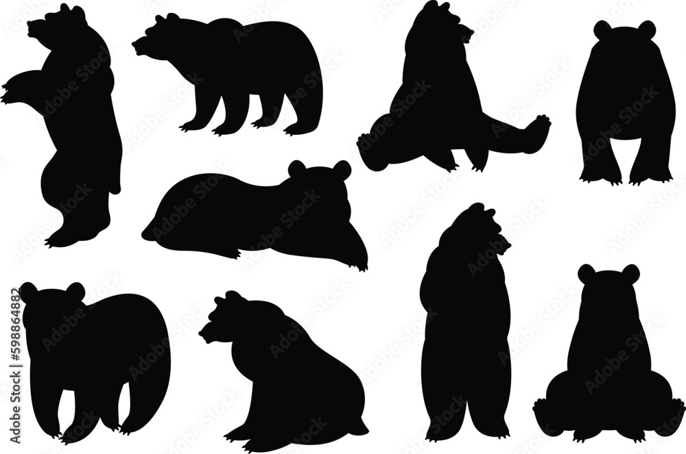 wild grizzly and brown bear silhouette set - walking, standing, rearing ...