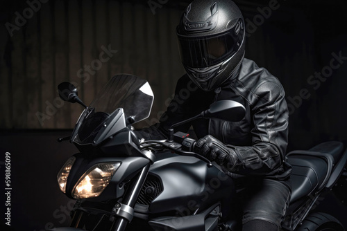 Biker in black leather outfit and safety helmet sits on motorcycle. Created with Generative AI technology.