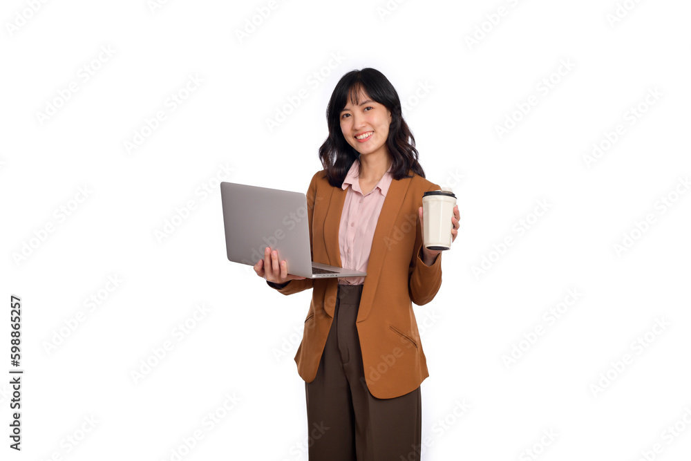 Beautiful smiling young asian businesswoman carrying laptop computer and cup of coffee to go while standing isolated over white background Beautiful smiling young asian businesswoman carrying laptop computer and cup of coffee to go while standing isolated over white background