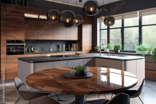 Kitchen island in modern luxurious kitchen interior. Created with Generative AI technology.
