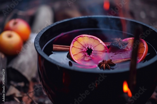 Preparing traditional mulled wine with orange slices over fire outdoors. Created with Generative AI technology.