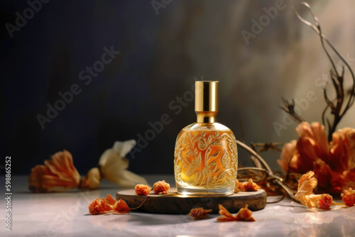 Perfumery, luxury oriental fragrance concept made with perfume bottle and branch with flowers. Created with Generative AI technology.