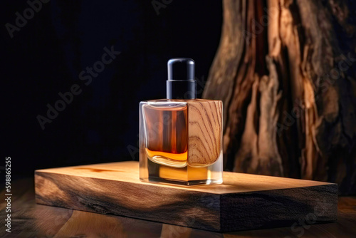 Perfumery, luxury wood fragrance concept made with perfume bottle on wooden pedestal. Created with Generative AI technology. photo