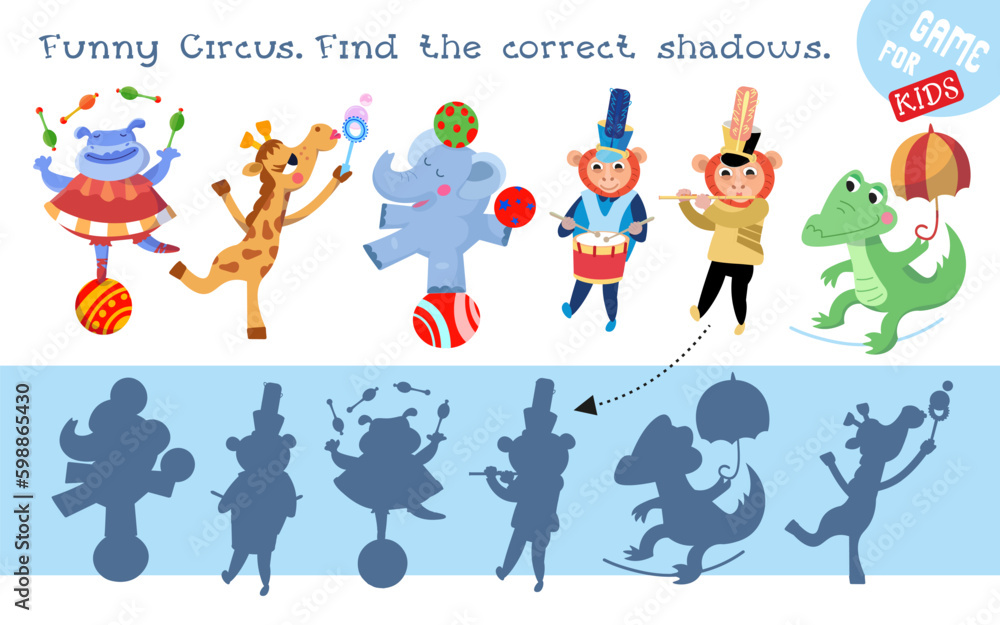 Find correct shadow. Educational puzzle game for children. Set of cute circus animals. Cartoon isolated character for design on white background. Vector illustration.