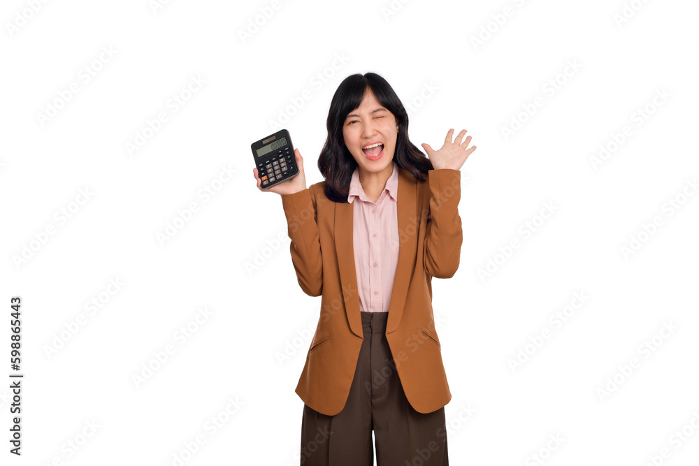 Tax day concept. Happy asian woman confident smiling holding calculator and rise hand up, Portrait happy Asian female isolated on white background, Account and finance counting income Tax day concept. Happy asian woman confident smiling holding calculator and rise hand up, Portrait happy Asian female isolated on white background, Account and finance counting income