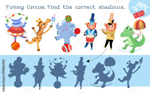 Find correct shadow. Educational puzzle game for children. Set of cute circus animals. Cartoon isolated character for design on white background. Vector illustration.