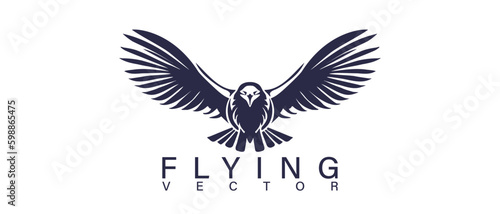 Vector simple monochrome logo. Flying bird with wide spread wings on a white isolated background.