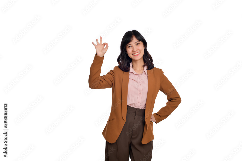 Young asian woman, professional entrepreneur showing okay with satisfied face expression, praise and compliment great job, standing isolated on white background Young asian woman, professional entrepreneur showing okay with satisfied face expression, praise and compliment great job, standing isolated on white background