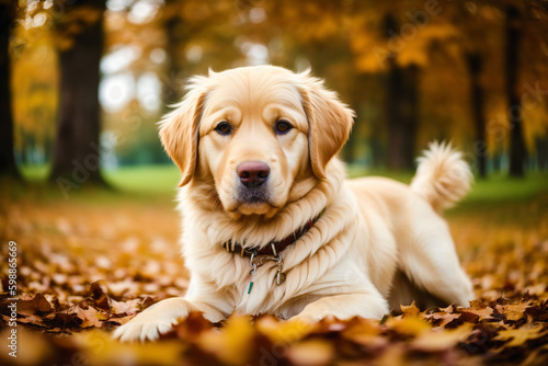 Cute Golden Retriever. Portrait of a beautiful Golden Retriever dog playing in the park. Generative AI