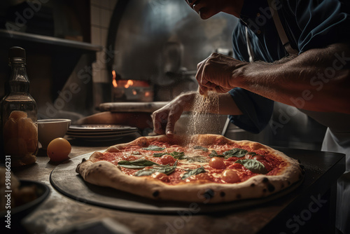 Taste of Italy. A pizzaiolo Chef from Naples Showcasing a Delicious Piping Hot Pizza. Copy Space. Neapolitan Gastronomy AI Generative