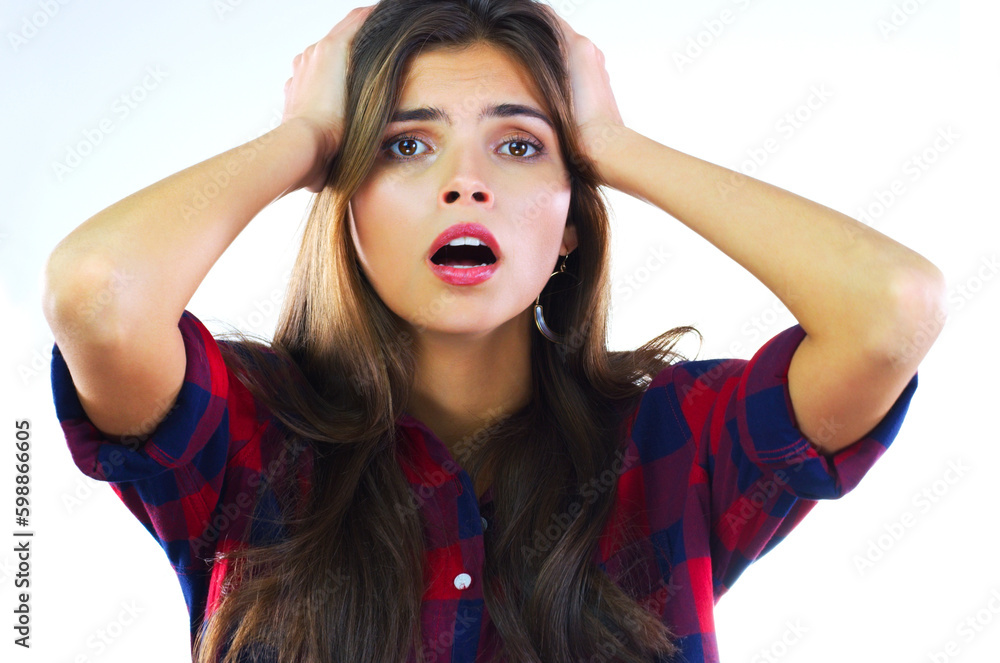 What have I done. a young woman posing against a white background. What have I done. a young woman posing against a white background.