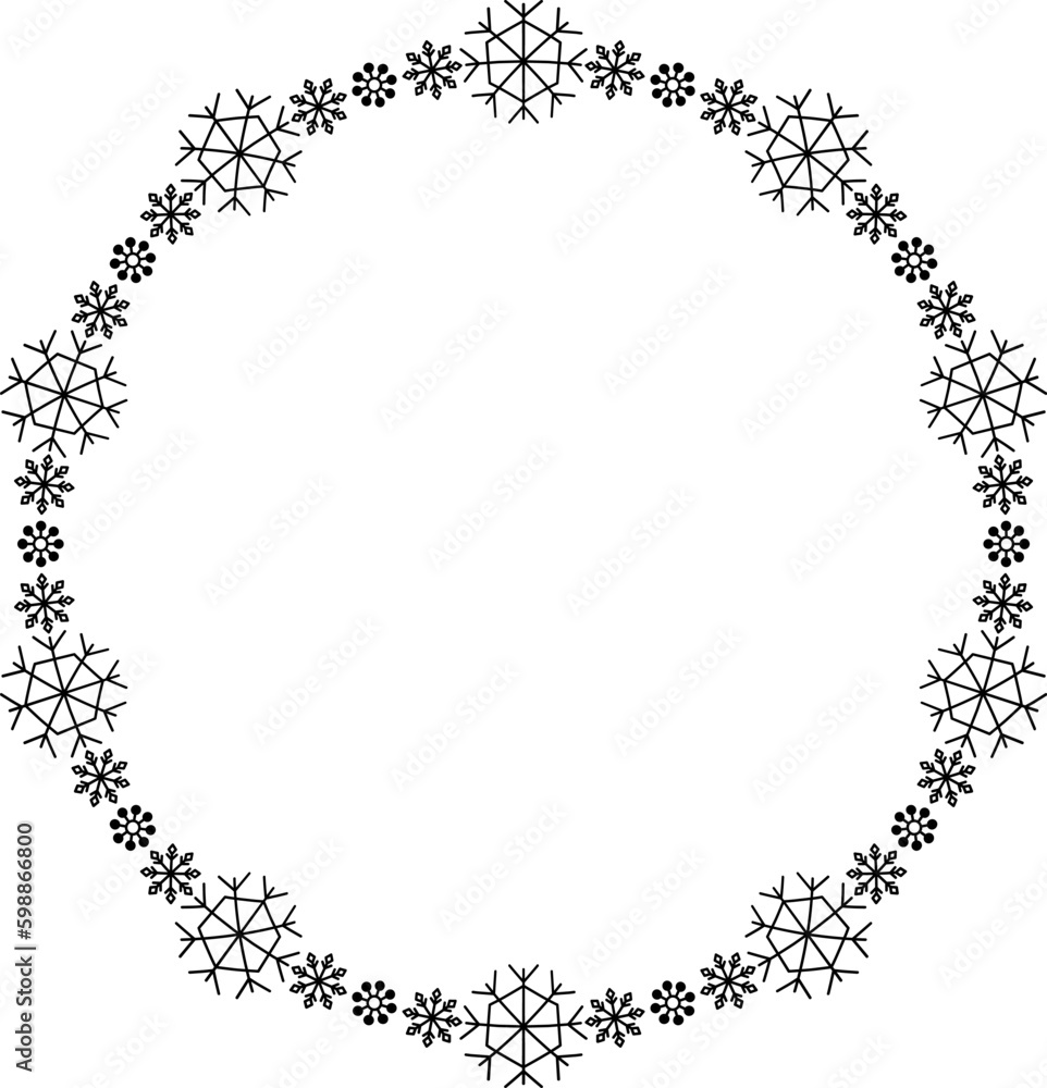 Snowflake circle frame. Winter snowflake round border. Snowflake circle frame. Winter snowflake round border.