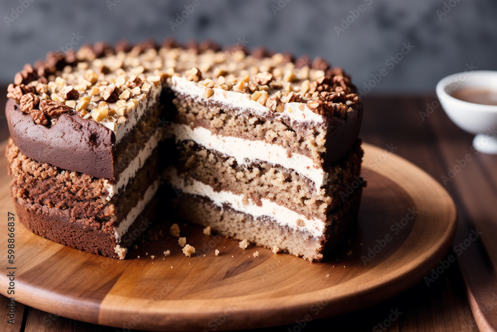 Piece of cake on a white plate on a wooden table. Homemade cake with nuts and honey. Generative AI Piece of cake on a white plate on a wooden table. Homemade cake with nuts and honey. Generative AI