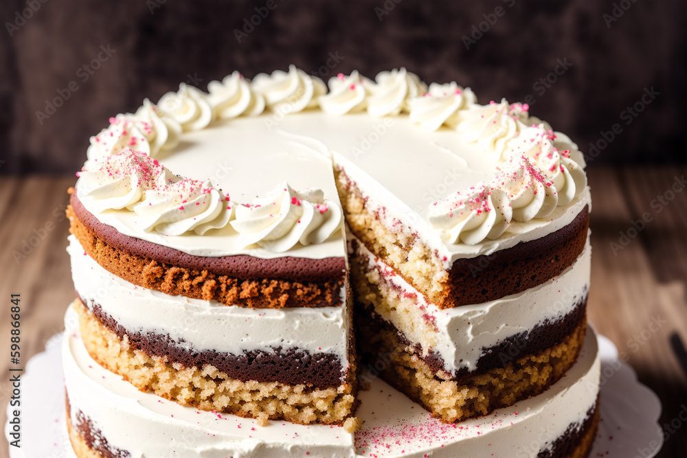 Piece of cake on a white plate on a wooden table. Homemade cake with nuts and honey. Generative AI Piece of cake on a white plate on a wooden table. Homemade cake with nuts and honey. Generative AI