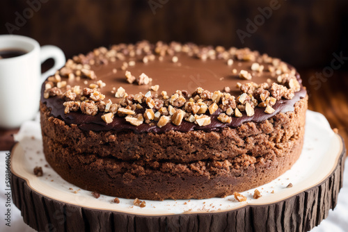 Piece of cake on a white plate on a wooden table. Homemade cake with nuts and honey. Generative AI