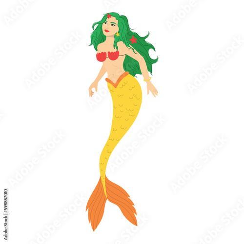 Cartoon mermaid with green hair. Vector illustration isolated on white background