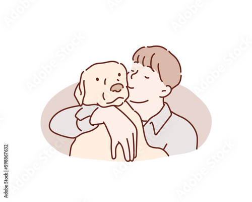 happy man with little dog.Hand drawn style vector design illustrations.
