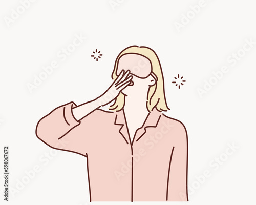 Tired woman yawning covering open mouth with hand need rest. Hand drawn style vector design illustrations.