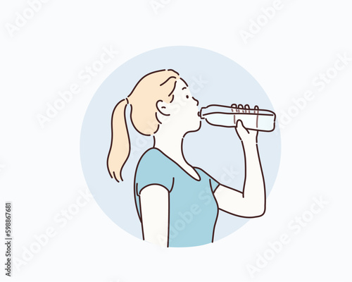  woman drinking water after work out exercising. Hand drawn style vector design illustrations.