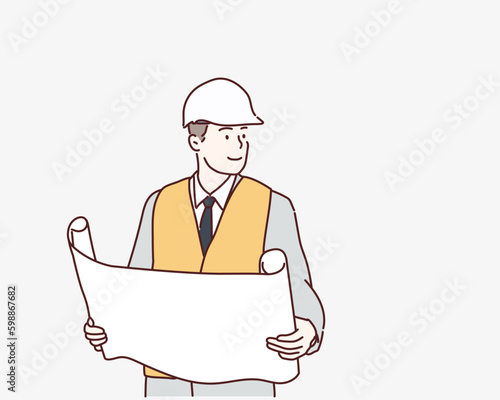 engineer see project holding with paper. Hand drawn style vector design illustrations.