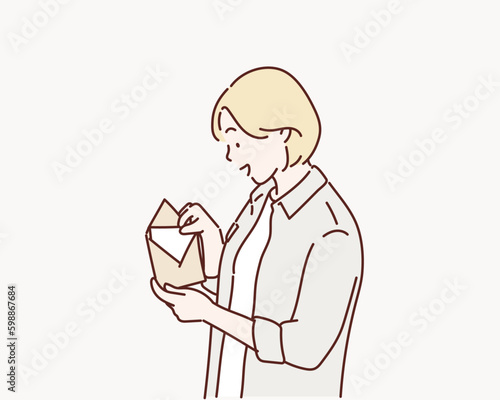 Youngwoman reading a tax letter.   Hand drawn style vector design illustrations.