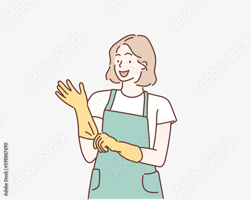 woman wearing rubber gloves. cleaner housewife worker lifestyle concept. Hand drawn style vector design illustrations.