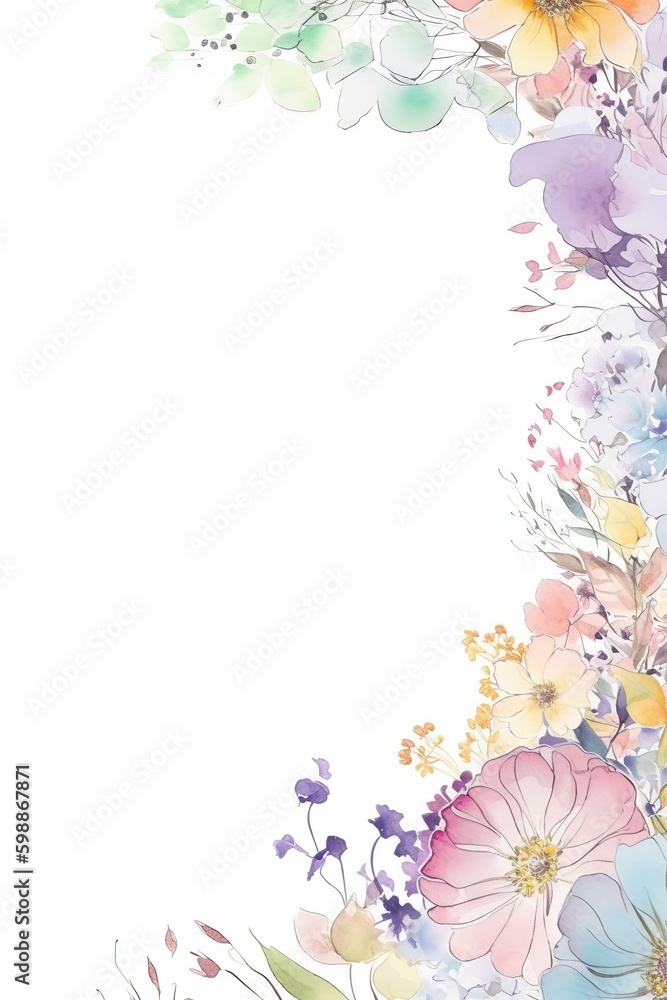 Water Color Pastel Flower and bloom, Wedding decorative perfect rectangle frame border, AI Generative