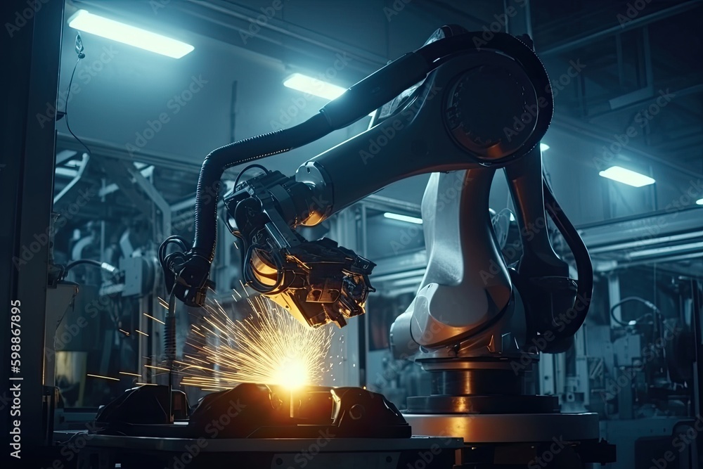 Engineer from behind check and control welding robotics automatic arms machine in intelligent factory automotive industrial with monitoring system software. Digital manufacturing - Generative AI Engineer from behind check and control welding robotics automatic arms machine in intelligent factory automotive industrial with monitoring system software. Digital manufacturing - Generative AI
