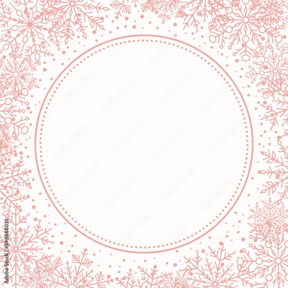 Winter vector frame with arabesques and snowflakes. Pink greeting card. Pattern with snowflakes Winter vector frame with arabesques and snowflakes. Pink greeting card. Pattern with snowflakes