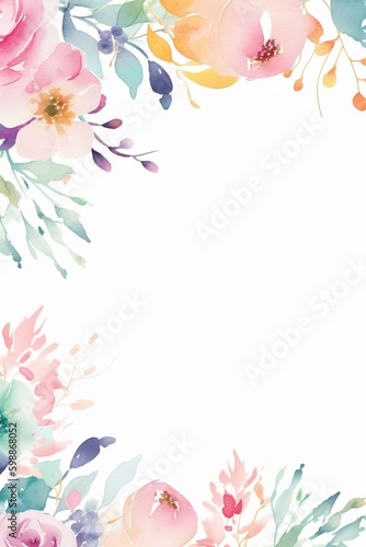 Water Color Pastel Flower and bloom, Wedding decorative perfect rectangle frame border, AI Generative