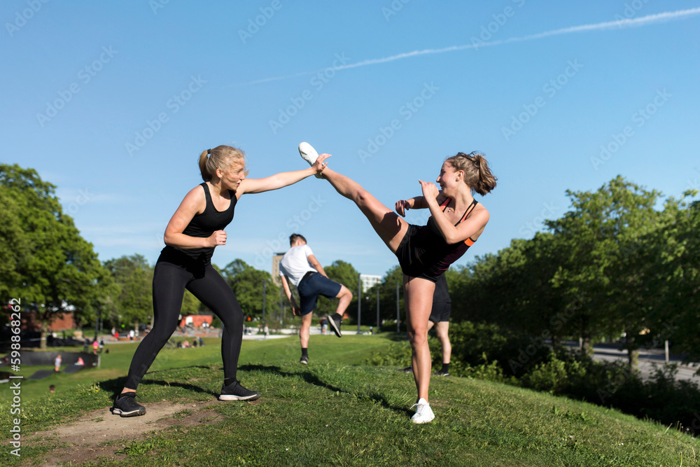 Friends practicing martial arts in park Friends practicing martial arts in park
