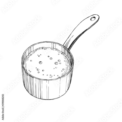 Vector hand-drawn illustration of a saucepan with boiling sauce. Sketch of the cooking process.