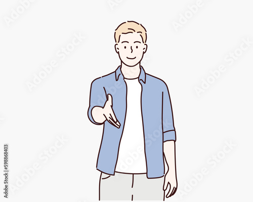 A man holding her hand with a handshake taken in the studio. Hand drawn style vector design illustrations.