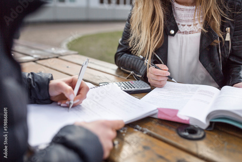 Female friends studying together outdoors