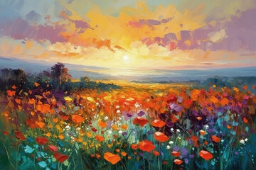 Leinwandbilder Lavendelfarbene Motive Oil painting meadow landscape at sunset. Field with poppies, dandelions and daisies. Impressionist style. AI generative illustration.  © Osadchyi_I