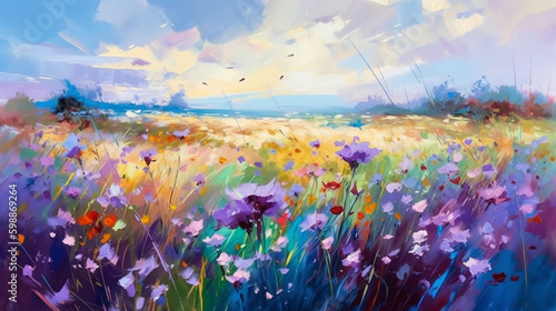 Fototapeta Naklejka Na Ścianę i Meble -  Abstract art oil painting of field flowers. Impressionist style. AI generative image.