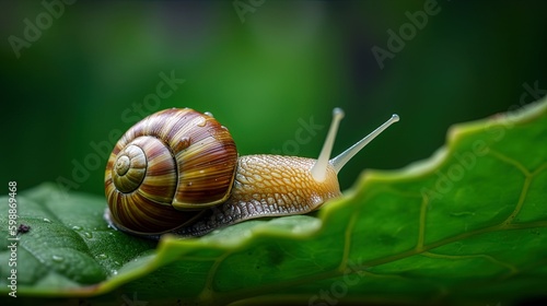 Close up of a snail on a plant leaf. Generated ai.