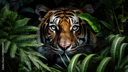 The tiger looks out from the thicket in the jungle © Маргарита Вайс