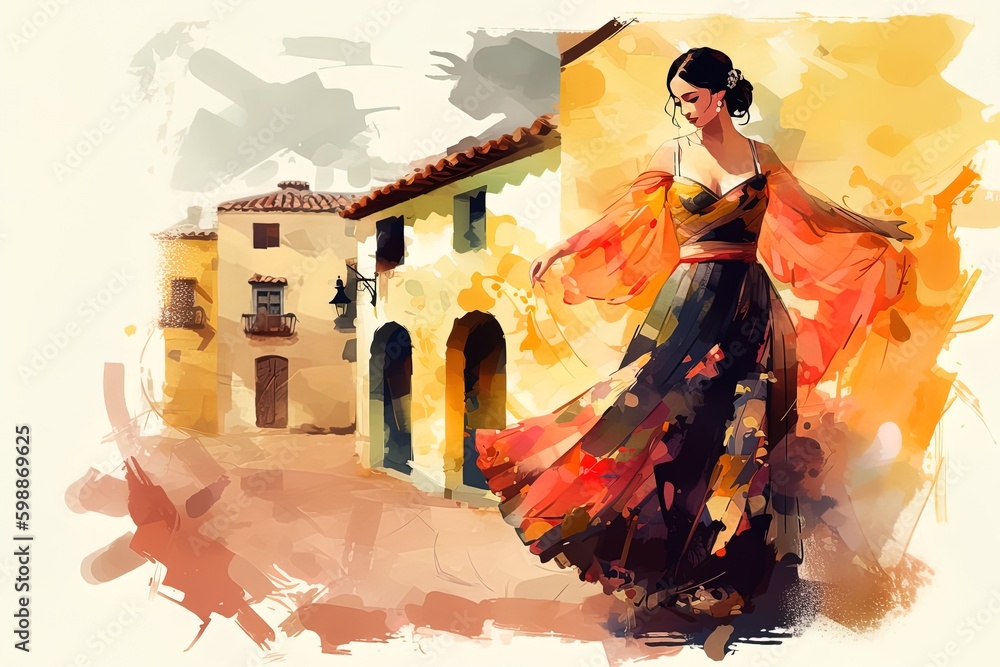 Watercolor image of a pretty woman flamenco dancer on a small spanish street. Generated ai. - obrazy, fototapety, plakaty 