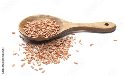Close up spelt grain pile in wooden spoon isolated on white
